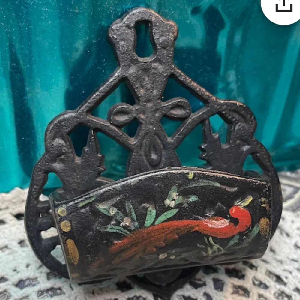 VINTAGE ANTIQUE CAST IRON MATCHSTICK HOLDER - painted bird farmhouse cottagecore